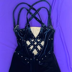 Navy Velvet Spandex Rhinestone Strappy Jumpsuit Competition Dance Costume
